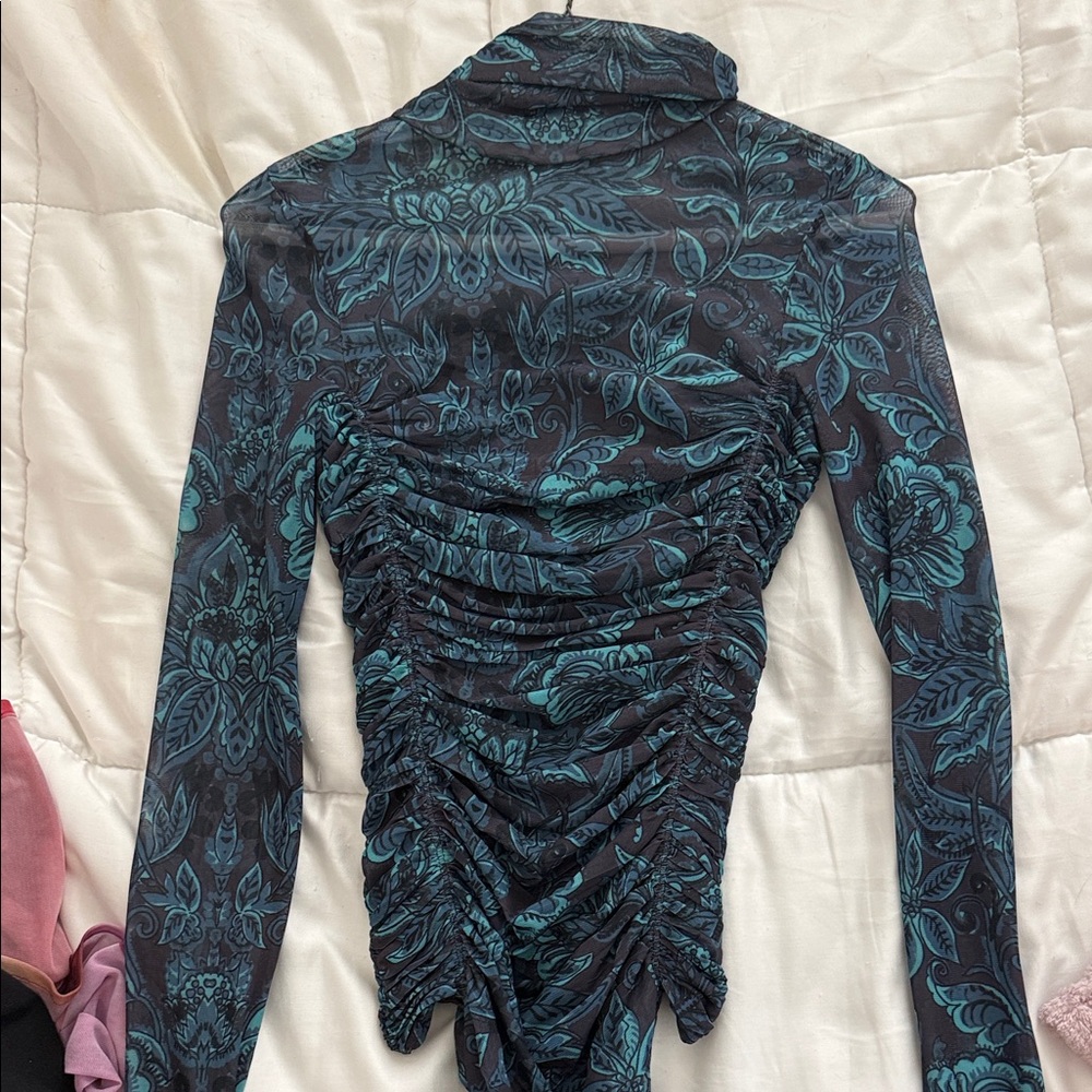 Free People Floral Ruched Bodysuit - Black and Teal
